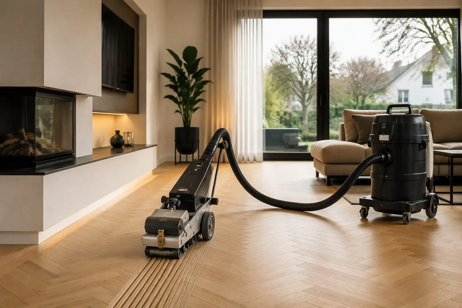 Vloerfreesmachine met aangesloten industriële stofafzuiging in een woonkamer met visgraatvloer