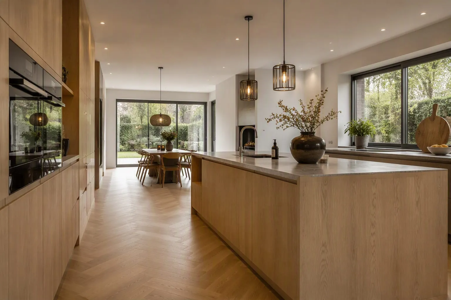 Leefkeuken met eiken keukeneiland en visgraatvloer, zonder radiatoren aan de wanden