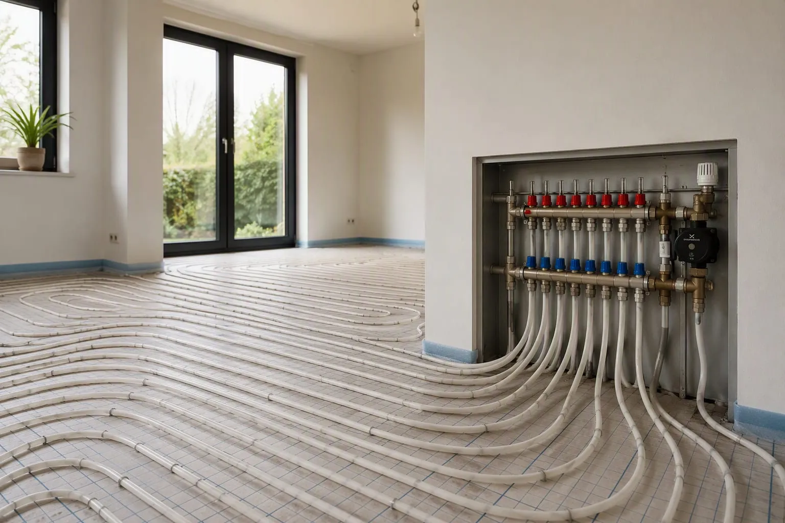 Vloerverwarmingsleidingen die in bochten door een lege kamer lopen en samenkomen op een wandverdeler