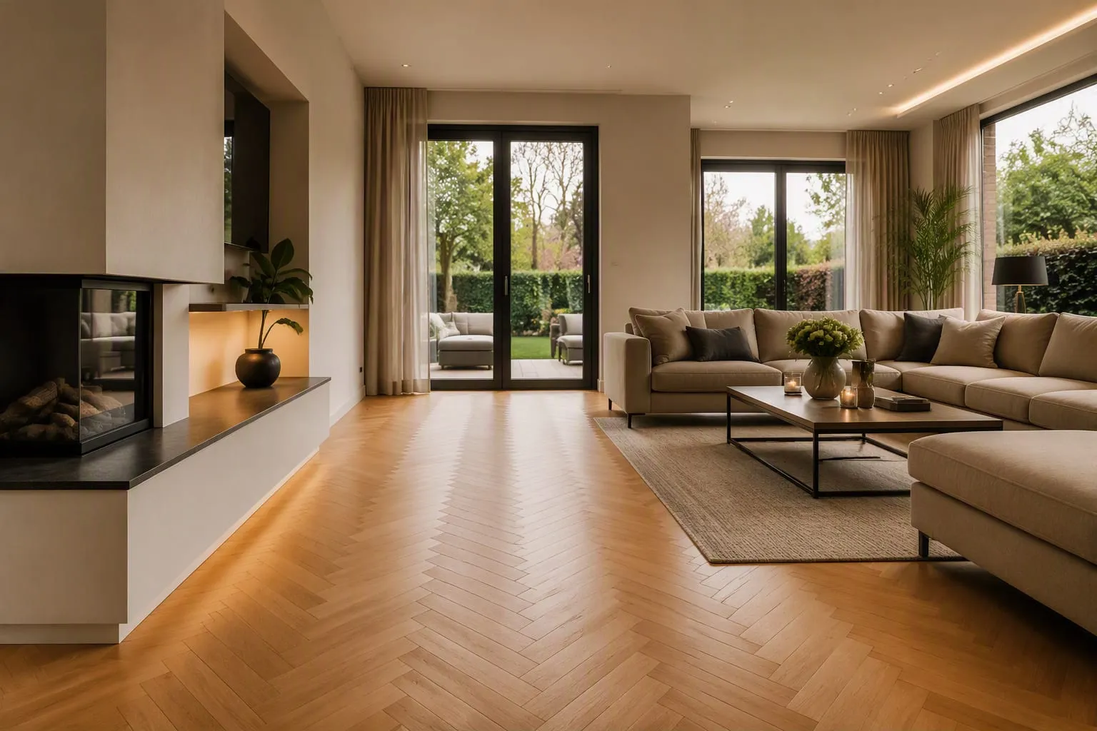 Woonkamer met houten vloer en zithoek, zonder radiatoren aan de wanden